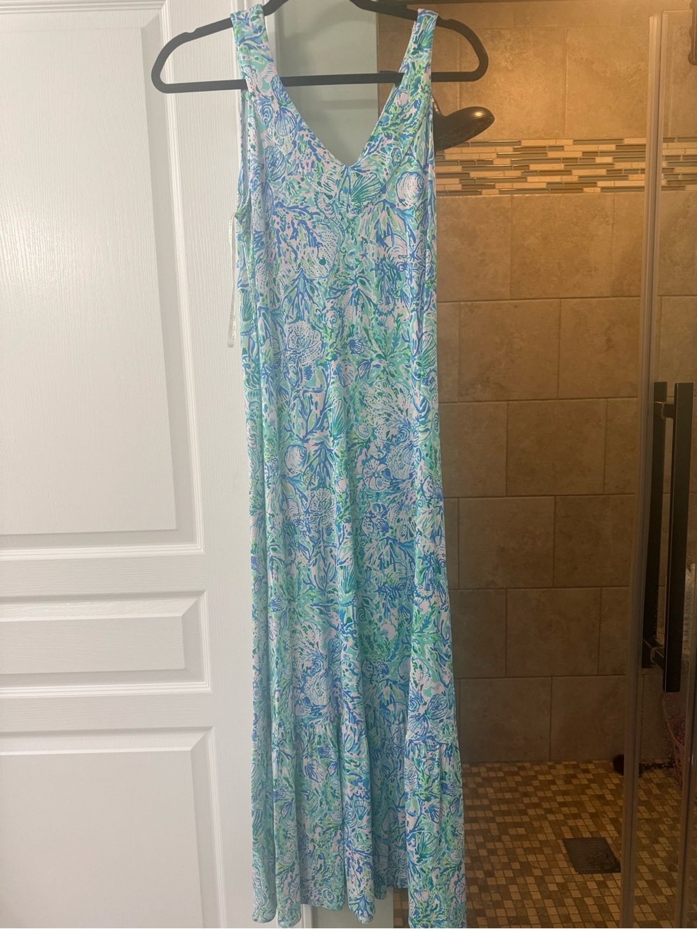 Lilly Pulitzer Blue and Green Floral V-Neck Maxi Dress